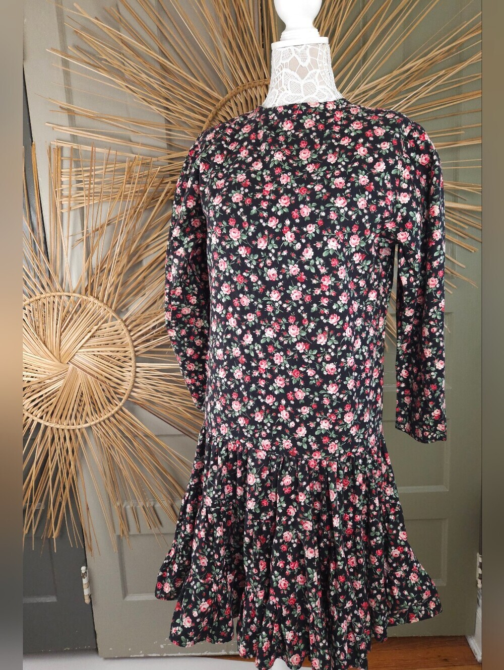 Vintage 90s Handmade Floral Drop Waist Ruffle Dress Women's S/M Black Pink